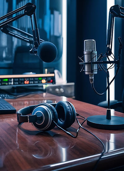 Profesyonel mikrofonlar, kulaklık ve ses ekipmanlarıyla podcast kayıt alanı